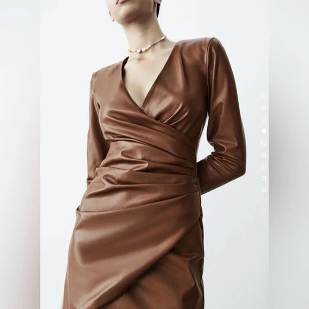 NWOT Zara Mini Dress Faux Leather wrap chocolate brown rouched size Small​​​